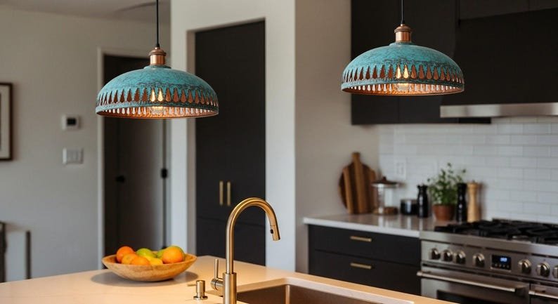 Moroccan Patina Brass Pendant Light: Teardrop Cutout Dome Lamp