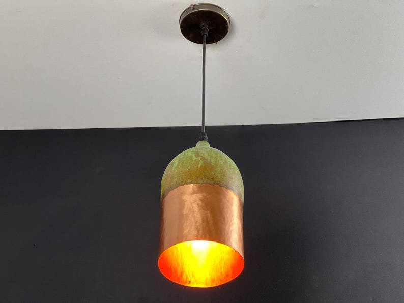 Handmade Copper Pendant Light: Two-Tone Green Patina Dome Lamp Handmade Copper Pendant Light: Two-Tone Green Patina Dome Lamp