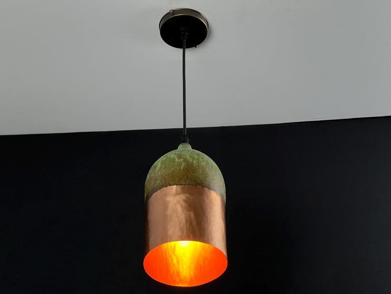 Handmade Copper Pendant Light: Two-Tone Green Patina Dome Lamp Handmade Copper Pendant Light: Two-Tone Green Patina Dome Lamp