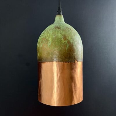 Handmade Copper Pendant Light: Two-Tone Green Patina Dome Lamp Handmade Copper Pendant Light: Two-Tone Green Patina Dome Lamp