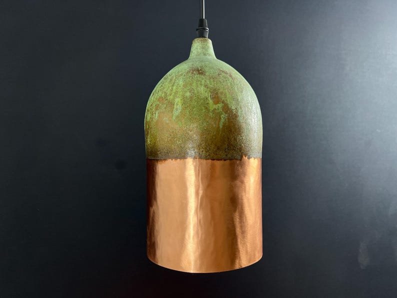 Handmade Copper Pendant Light: Two-Tone Green Patina Dome Lamp Handmade Copper Pendant Light: Two-Tone Green Patina Dome Lamp