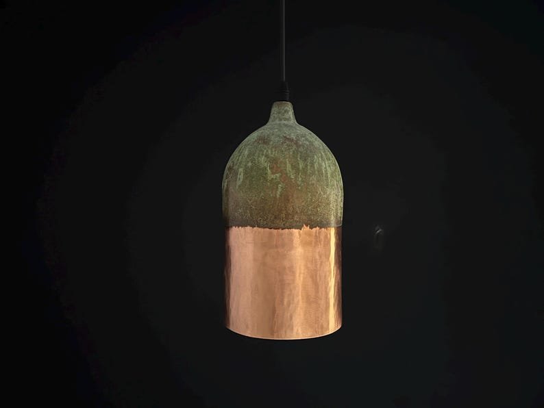 Handmade Copper Pendant Light: Two-Tone Green Patina Dome Lamp Handmade Copper Pendant Light: Two-Tone Green Patina Dome Lamp