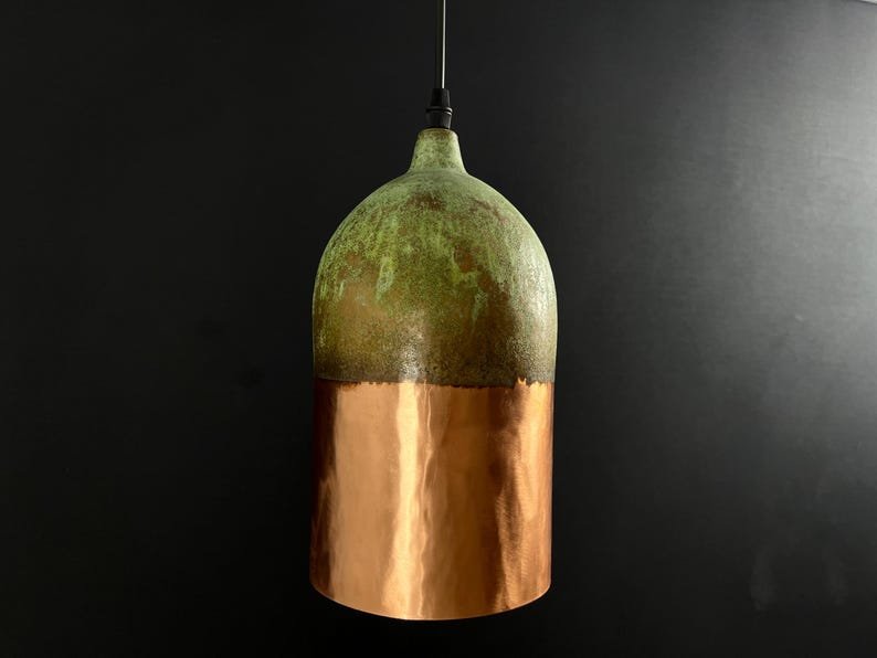 Handmade Copper Pendant Light: Two-Tone Green Patina Dome Lamp Handmade Copper Pendant Light: Two-Tone Green Patina Dome Lamp