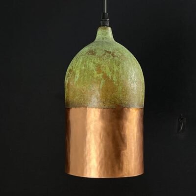 Handmade Copper Pendant Light: Two-Tone Green Patina Dome Lamp Handmade Copper Pendant Light: Two-Tone Green Patina Dome Lamp