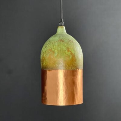 Handmade Copper Pendant Light: Two-Tone Green Patina Dome Lamp Handmade Copper Pendant Light: Two-Tone Green Patina Dome Lamp