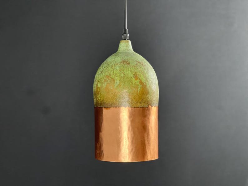 Handmade Copper Pendant Light: Two-Tone Green Patina Dome Lamp Handmade Copper Pendant Light: Two-Tone Green Patina Dome Lamp