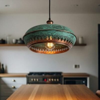 Vintage Green Patina Industrial Dome Teardrop Cutout Pendant