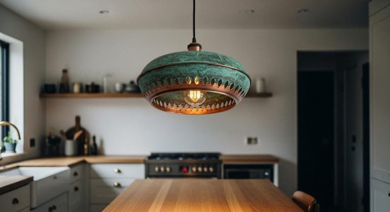 Vintage Green Patina Industrial Dome Teardrop Cutout Pendant