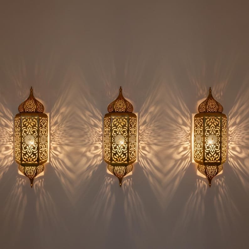 set of 3 Handmade Moroccan Brass Wall Sconce: Ambient Light, Copper Finish