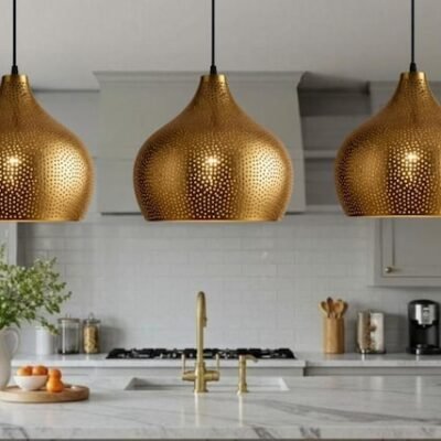 Golden Copper Farmhouse Pendant Light – Handmade Dome Ceiling Lamp for Warm Rustic Interiors