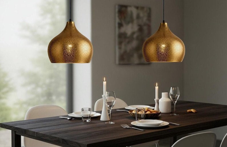Golden Copper Farmhouse Pendant Light – Handmade Dome Ceiling Lamp for Warm Rustic Interiors