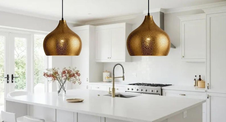 Golden Copper Farmhouse Pendant Light – Handmade Dome Ceiling Lamp for Warm Rustic Interiors