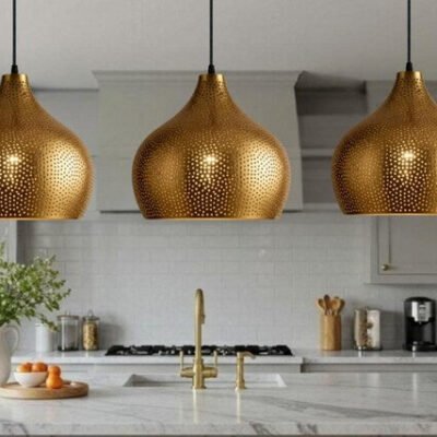 Golden Copper Farmhouse Pendant Light – Handmade Dome Ceiling Lamp for Warm Rustic Interiors