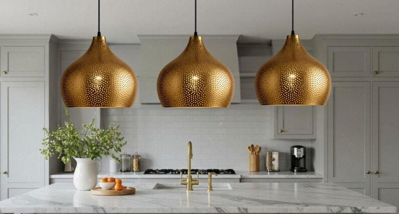 Golden Copper Farmhouse Pendant Light – Handmade Dome Ceiling Lamp for Warm Rustic Interiors