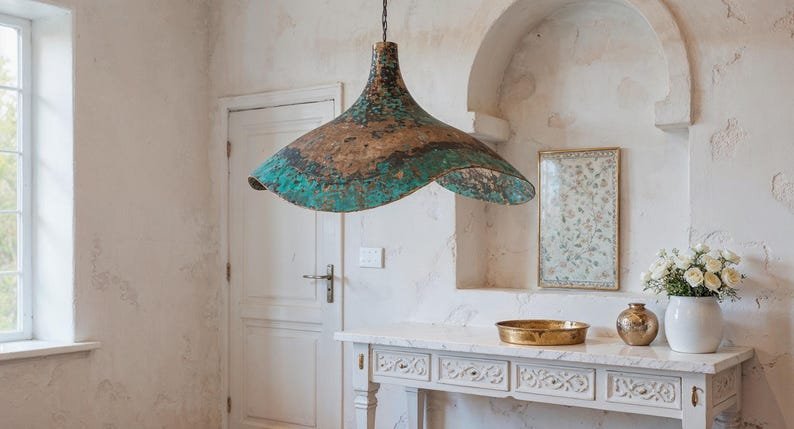 Handcrafted Hammered Copper Pendant Light: Green Patina Dome Lamp