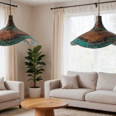 Handcrafted Hammered Copper Pendant Light: Green Patina Dome Lamp