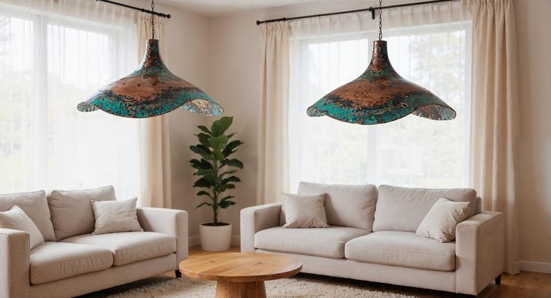 Handcrafted Hammered Copper Pendant Light: Green Patina Dome Lamp