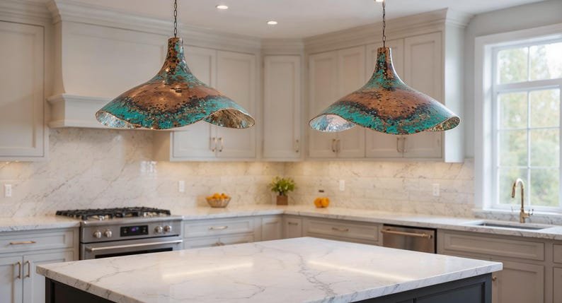 Handcrafted Hammered Copper Pendant Light: Green Patina Dome Lamp
