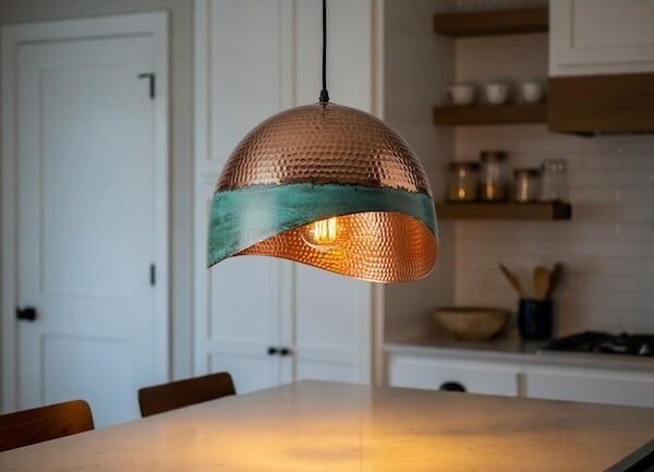 products-hangingligh3 Copper Green Patina Dome Pendant Light – Modern Artisan Ceiling Lamp