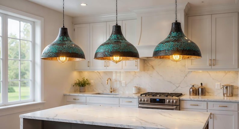 Hand Hammered Copper Pendant Light: Green Patina Farmhouse Dome Hand Hammered Copper Pendant Light: Green Patina Farmhouse Dome