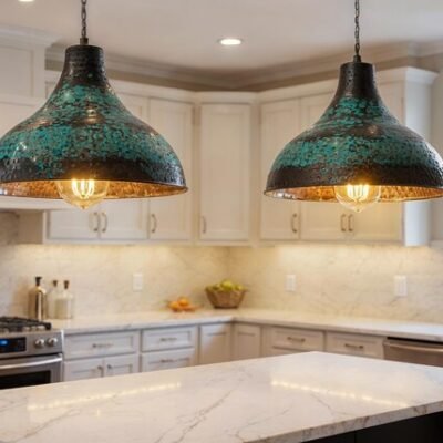 Hand Hammered Copper Pendant Light: Green Patina Farmhouse Dome Hand Hammered Copper Pendant Light: Green Patina Farmhouse Dome