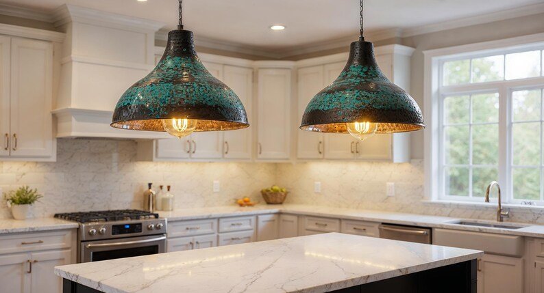 Hand Hammered Copper Pendant Light: Green Patina Farmhouse Dome Hand Hammered Copper Pendant Light: Green Patina Farmhouse Dome