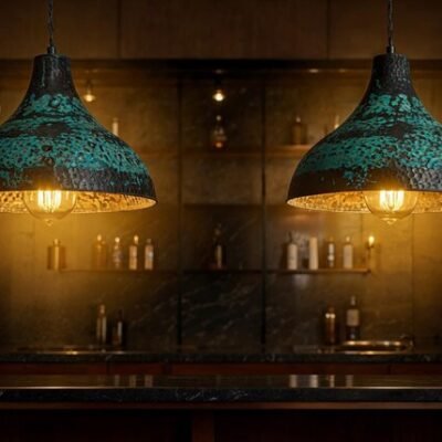 Hand Hammered Copper Pendant Light: Green Patina Farmhouse Dome Hand Hammered Copper Pendant Light: Green Patina Farmhouse Dome