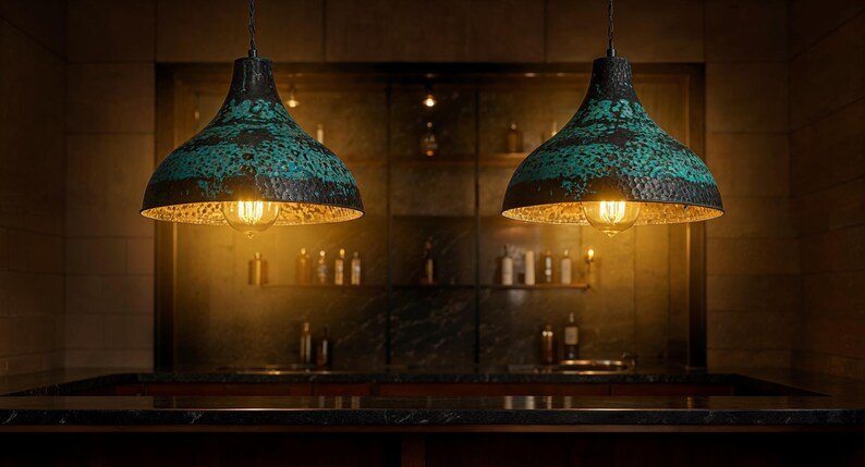 Hand Hammered Copper Pendant Light: Green Patina Farmhouse Dome Hand Hammered Copper Pendant Light: Green Patina Farmhouse Dome