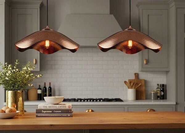 Hammered Copper Wave Pendant  Sculptural Moroccan Ceiling Lamp