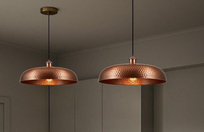 Wide Hammered Copper Dome Pendant Modern Farmhouse Kitchen Light