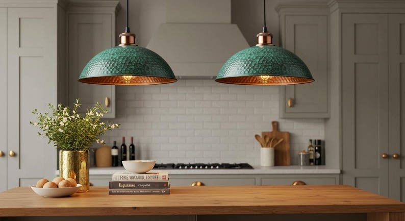 products-meredDome1 Green Patina Hammered Dome Pendant Copper Interior Kitchen Light
