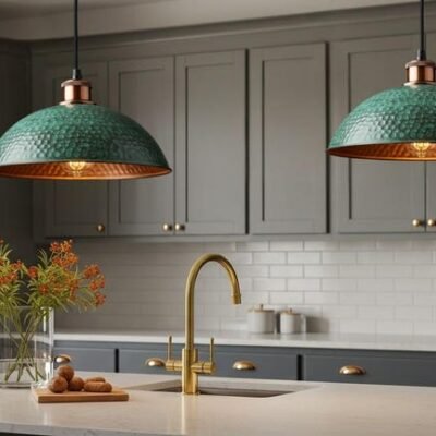 Set of 2 Green Patina Copper Pendant Lights: Moroccan Hammered Dome Set of 2 Green Patina Copper Pendant Lights: Moroccan Hammered Dome