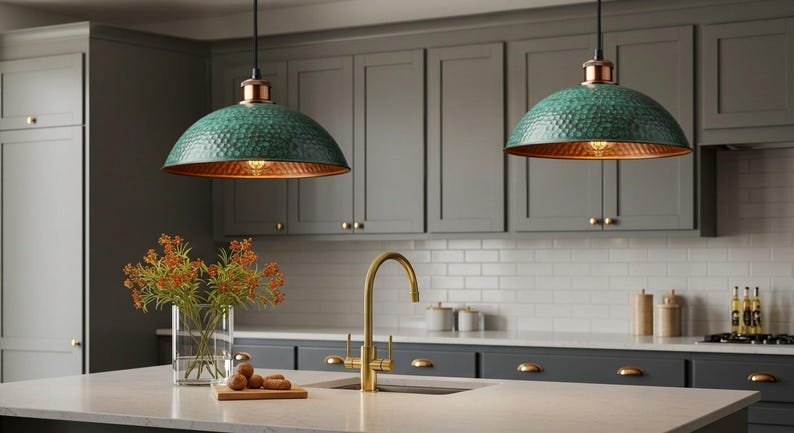 Set of 2 Green Patina Copper Pendant Lights: Moroccan Hammered Dome Set of 2 Green Patina Copper Pendant Lights: Moroccan Hammered Dome