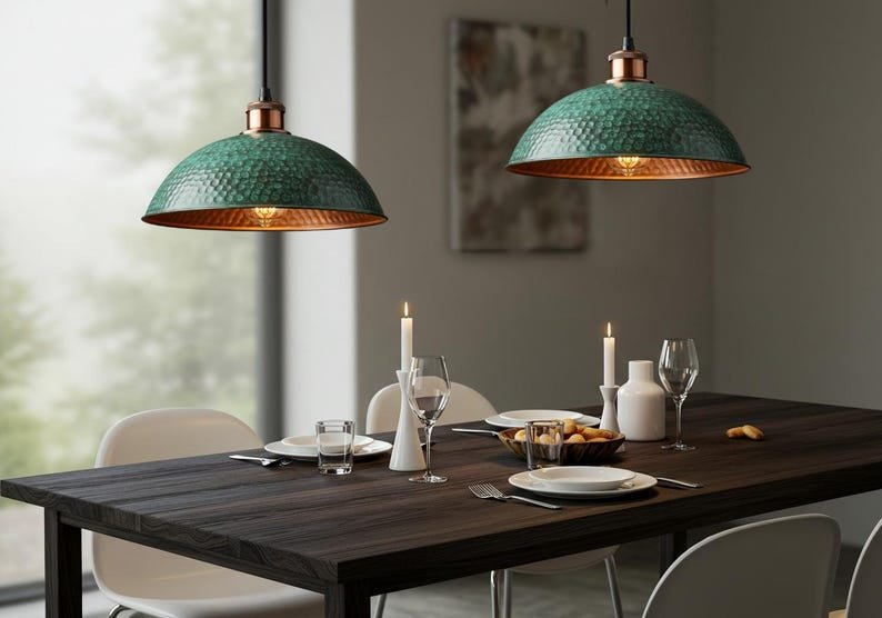 Set of 2 Green Patina Copper Pendant Lights: Moroccan Hammered Dome Set of 2 Green Patina Copper Pendant Lights: Moroccan Hammered Dome