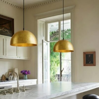 Pendant lamp – matte black teardrop with brass interior, kitchen island ceiling light for dining room and entryway, modern mid century style