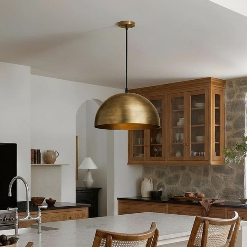 Pendant lamp – brushed brass dome ceiling light for kitchen island, dining room and entryway, modern mid century style, handmade