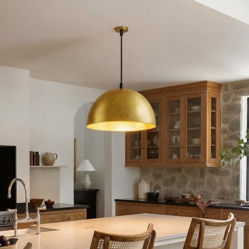 Pendant lamp – matte black teardrop with brass interior, kitchen island ceiling light for dining room and entryway, modern mid century style