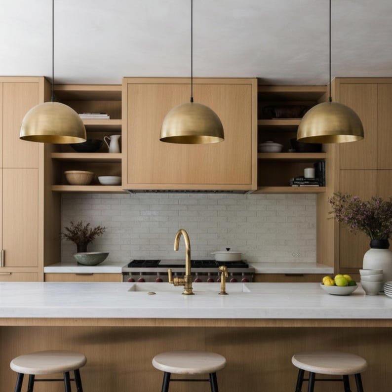 Pendant lamp – brushed brass dome ceiling light for kitchen island, dining room and entryway, modern mid century style, handmade
