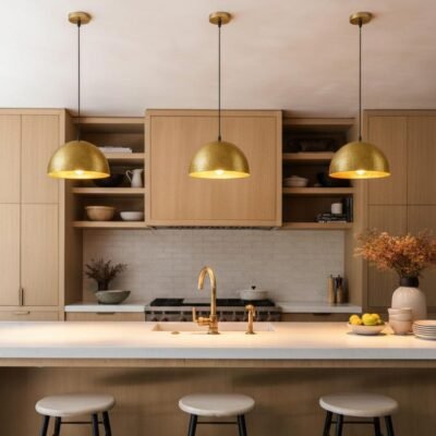 Pendant lamp – matte black teardrop with brass interior, kitchen island ceiling light for dining room and entryway, modern mid century style