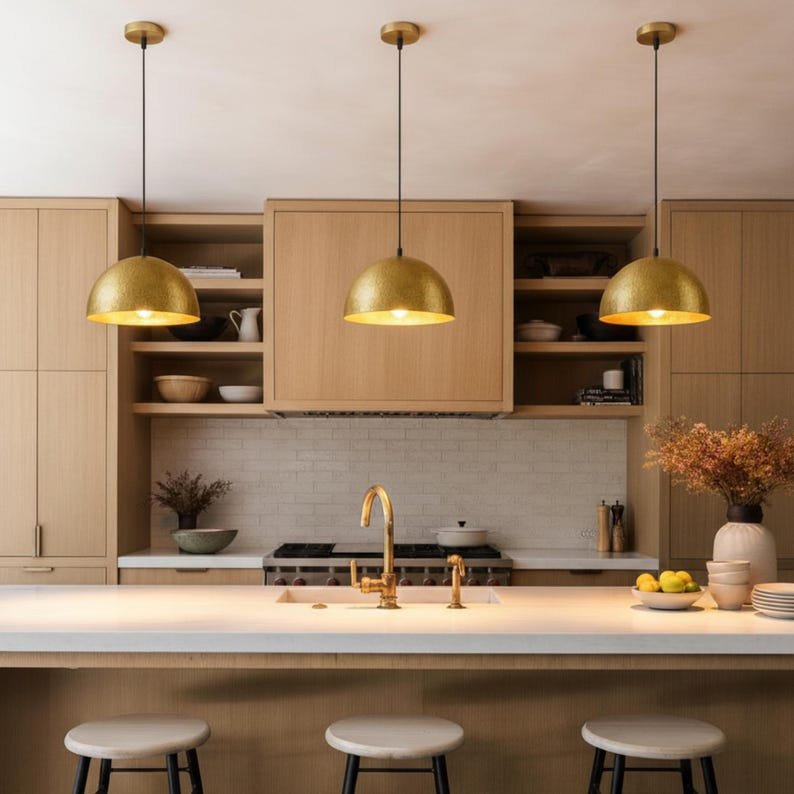 Pendant lamp – matte black teardrop with brass interior, kitchen island ceiling light for dining room and entryway, modern mid century style