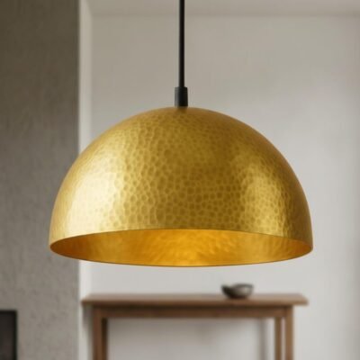 Pendant lamp – matte black teardrop with brass interior, kitchen island ceiling light for dining room and entryway, modern mid century style