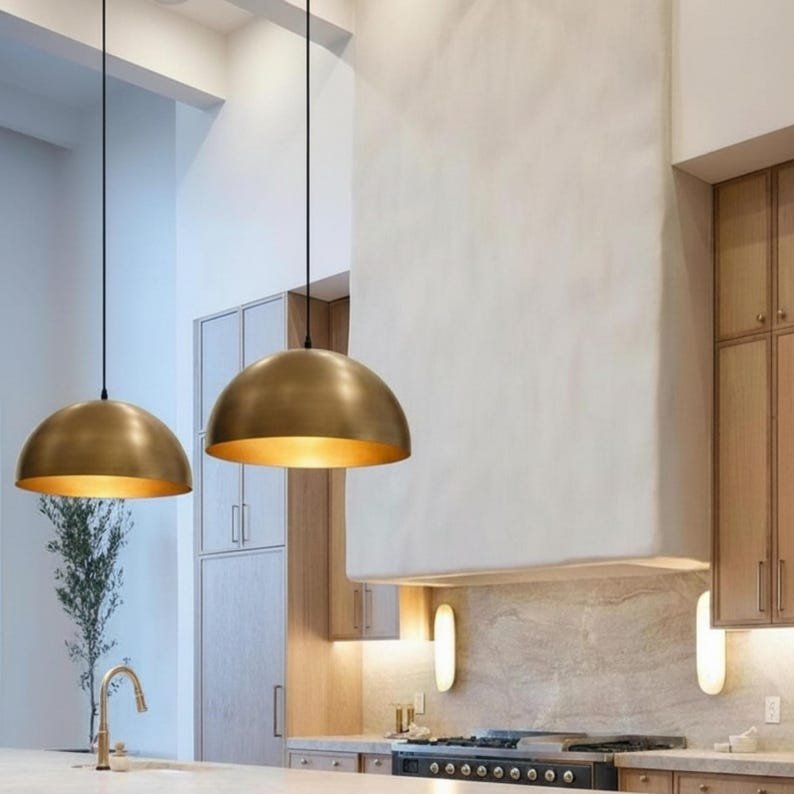 Pendant lamp – brushed brass dome ceiling light for kitchen island, dining room and entryway, modern mid century style, handmade