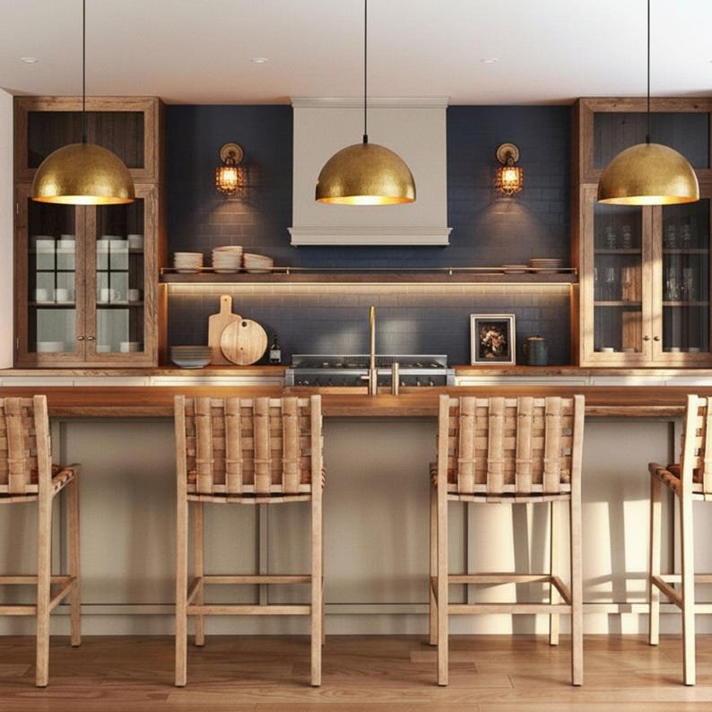 Pendant lamp – matte black teardrop with brass interior, kitchen island ceiling light for dining room and entryway, modern mid century style