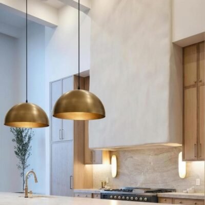Pendant lamp – brushed brass dome ceiling light for kitchen island, dining room and entryway, modern mid century style, handmade