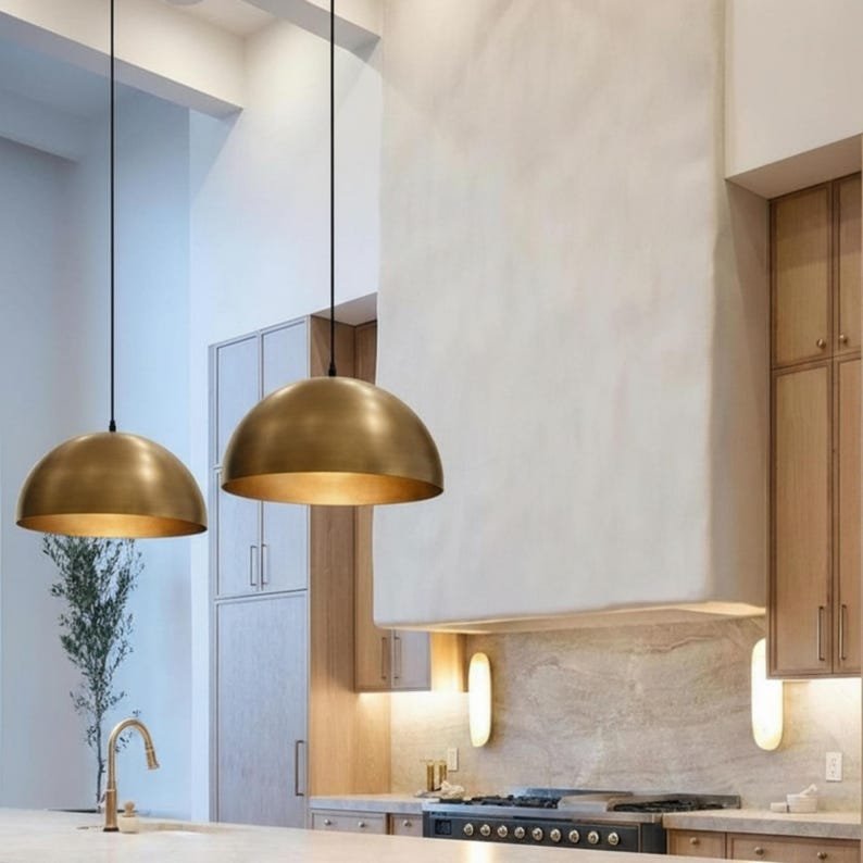 Pendant lamp – brushed brass dome ceiling light for kitchen island, dining room and entryway, modern mid century style, handmade