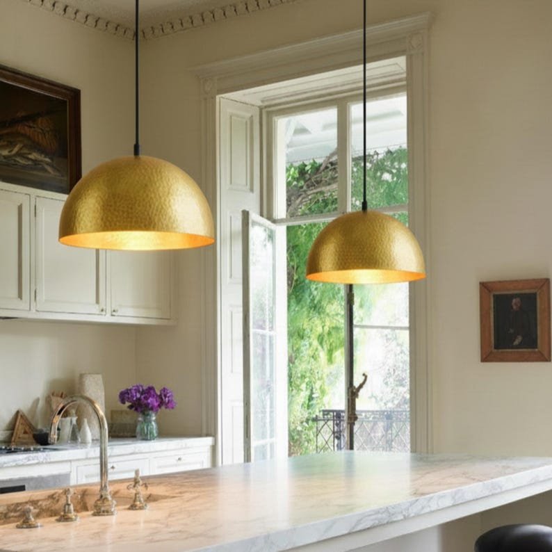 Pendant lamp – matte black teardrop with brass interior, kitchen island ceiling light for dining room and entryway, modern mid century style