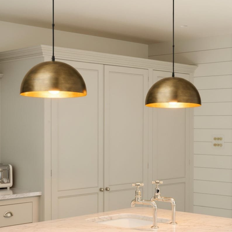 Pendant lamp – brushed brass dome ceiling light for kitchen island, dining room and entryway, modern mid century style, handmade