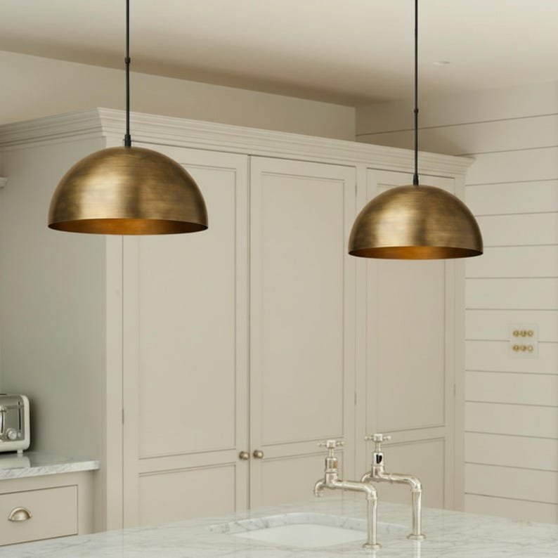 Pendant lamp – brushed brass dome ceiling light for kitchen island, dining room and entryway, modern mid century style, handmade