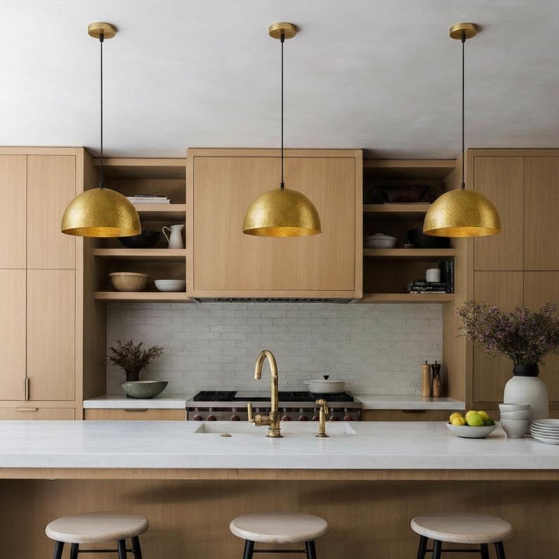 Pendant lamp – matte black teardrop with brass interior, kitchen island ceiling light for dining room and entryway, modern mid century style