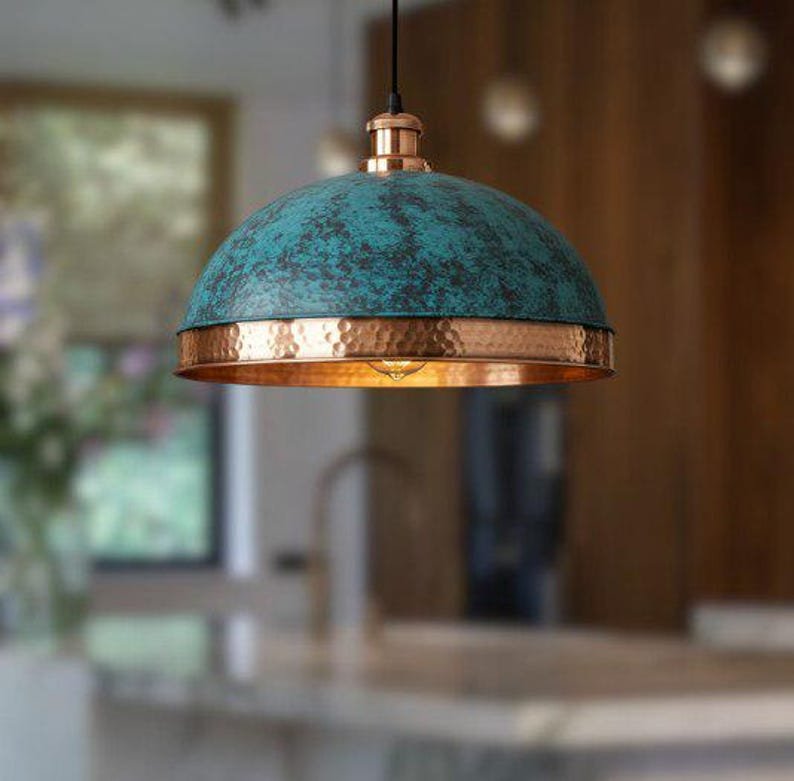 set of 3 Green patina copper dome pendant light-oxidized turquoise patina with copper interior -modern kitchen island - vintage hanging lamp